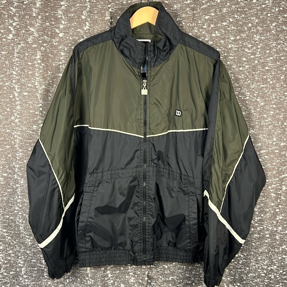 Retro Wilson Tennis Windbreaker Full Zip Up Jacket Green and Black